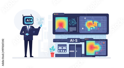 Artificial intelligence robot businessman holding laptop presenting data visualization on screens in technology office building signifying future automation and innovation in corporate settings
