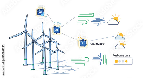Renewable energy wind turbine farm harnesses artificial intelligence for optimized power generation and advanced weather forecasting leveraging real time data analysis for sustainable resource