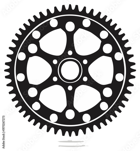 Black bicycle chainring gear isolated on white background with circular spokes and teeth