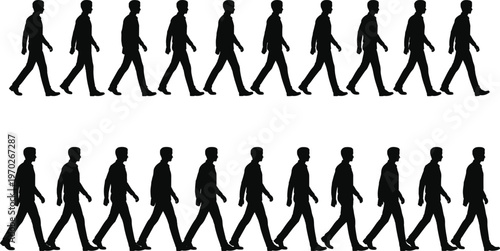 WebSilhouettes of people walking in progressive motion stages, illustrating human locomotion, posture, stride, and biomechanics, ideal for animation, design, lifestyle, and movement concepts.