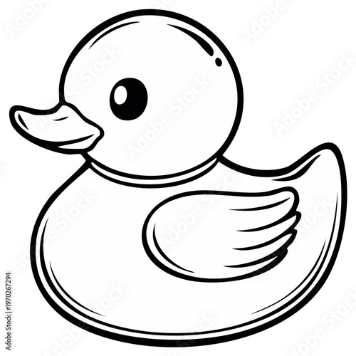 Simple black and white line art illustration of a cute rubber bath toy duck perfect for children's designs coloring books