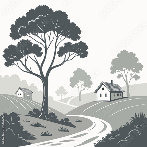 A grayscale landscape depicts a winding path through rolling hills featuring a large tree and two small houses high quality