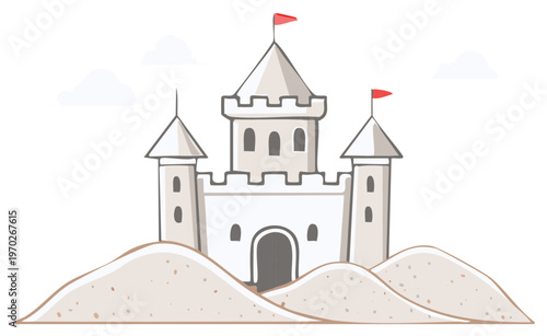 Cartoon illustration of a sand castle with flags on white background.