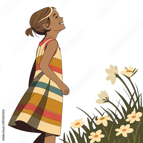 Obraz na płótnie A young girl with a joyful expression gazes upward towards blooming flowers in a