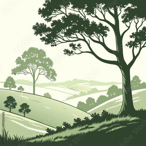 A serene landscape illustration depicts rolling green hills dotted with trees showcasing a peaceful and idyllic countryside scene high quality