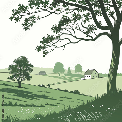 A serene landscape depicts rolling green hills a solitary figure and houses nestled amongst lush stylized trees high quality professional