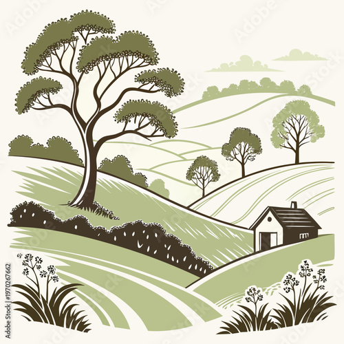 A stylized illustration depicts a serene countryside landscape featuring rolling hills lush trees and a quaint small cottage high quality