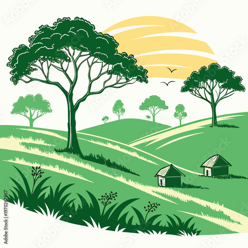 A serene landscape depicts lush green hills a vibrant tree line a warm sunset and small houses creating a peaceful rural scene