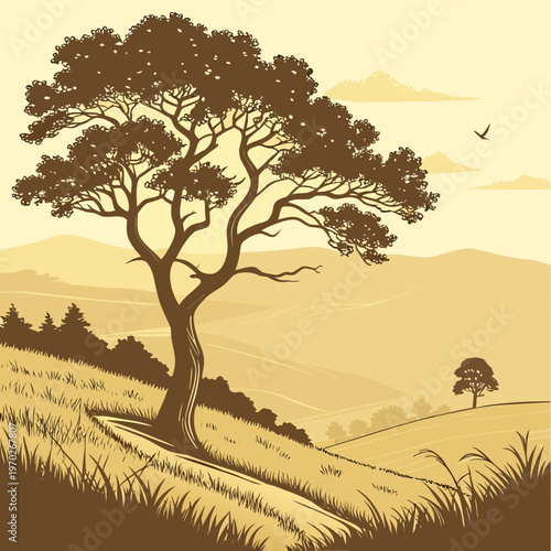 A stylized illustration depicts a solitary tree standing prominently in a serene landscape with rolling hills and a distant bird