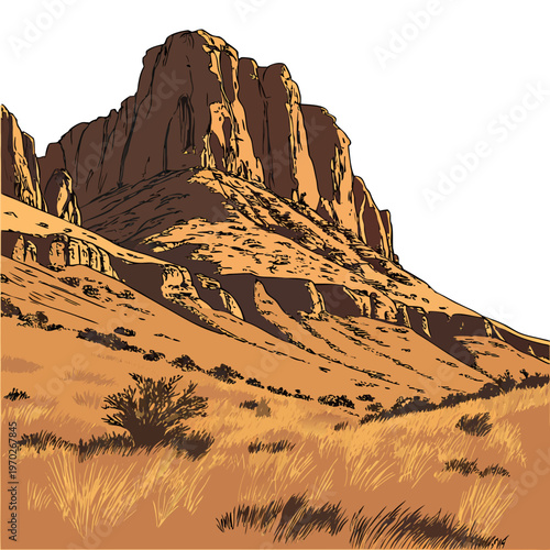 A stylized illustration depicts a rugged layered mountain landscape with dry grasslands and sparse desert vegetation high quality professional detailed
