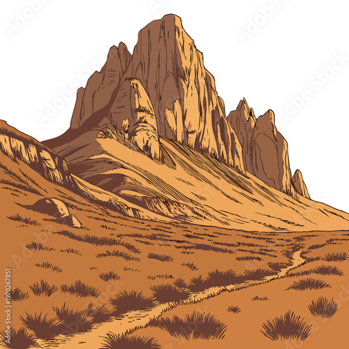 A stylized illustration depicts a rugged mountain range with a winding path leading into the arid landscape high quality professional
