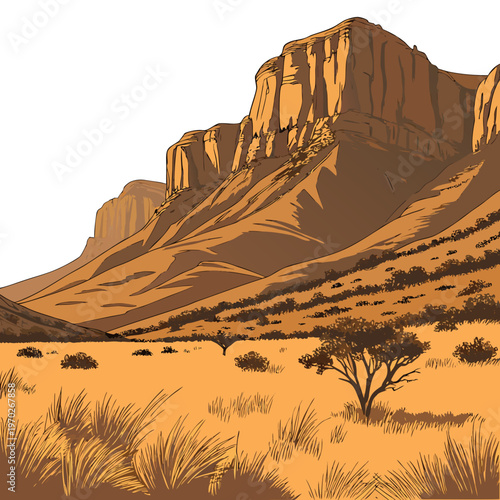 A stylized illustration depicts a vast arid landscape featuring a dramatic mountain range and sparse vegetation high quality professional detailed