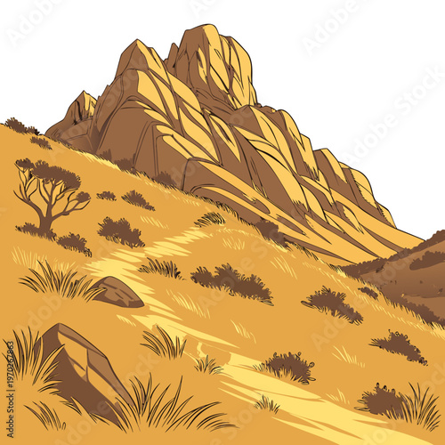 A stylized illustration depicts a rugged sun drenched mountain landscape with a winding path amidst sparse vegetation high quality professional