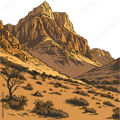 A striking illustration depicts a majestic mountain range with arid foothills and sparse vegetation under a clear sky high quality