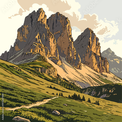 A vibrant illustration depicts towering rocky mountain peaks against a partly cloudy pale blue sky with a green meadow below