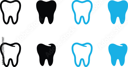 Dental Tooth Icon Set Stroke Outline and Solid Styles in Black and Blue for Dentistry Oral Health and Medical Care Vector