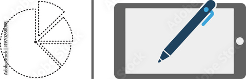 A vector graphic featuring a dotted-line pie chart with separated segments on the left and a digital tablet with a stylus pen on the right, divided by a vertical black line.