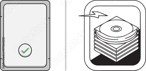 A vector graphic showing a tablet with a green checkmark on the left and a stacked disc server icon on the right, representing data verification and storage, separated by a vertical line.