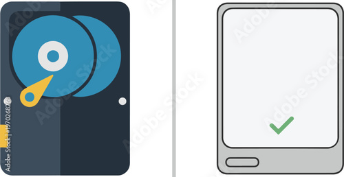 Two vector icons: a dark internal hard drive with blue platters and a sleek silver external drive featuring a green checkmark. Ideal for data storage, backup success, and IT hardware graphics.