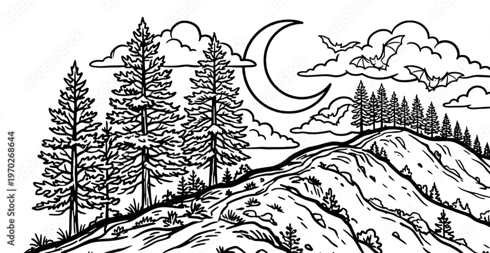 Obraz premium Black and White Sketch of Mountain Hills with Bats and Clouds