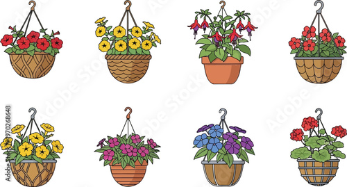 Collection of hanging flower baskets featuring petunias fuchsias and hydrangeas perfect for garden design spring decor and floral illustrations