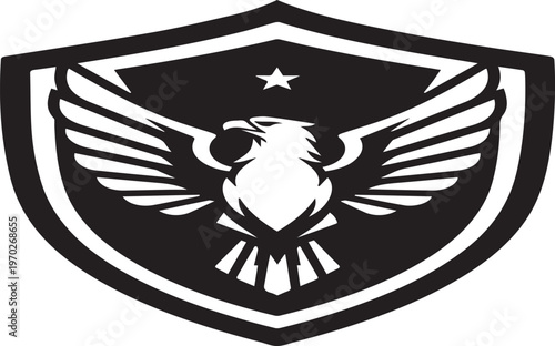 Black and white eagle shield logo, patriotic emblem, vector crest, shield icon