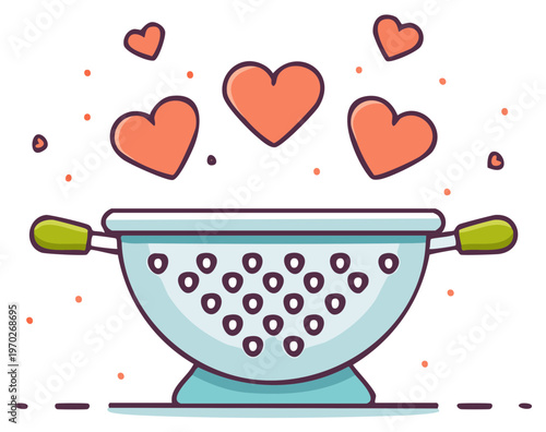 Cute vector illustration of a kitchen colander with floating hearts representing love and passion for cooking