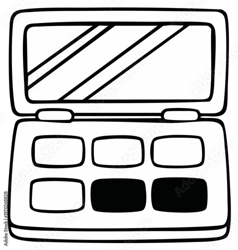 Open compact eyeshadow palette with six color pans and a mirrored lid hand drawn outline illustration