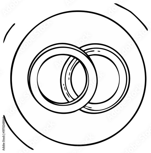 Illustration of two interlocking wedding rings within a circle, hand-drawn style