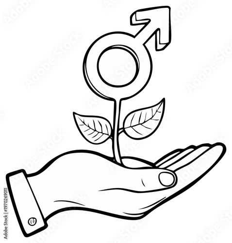 Hand holding plant with male symbol concept