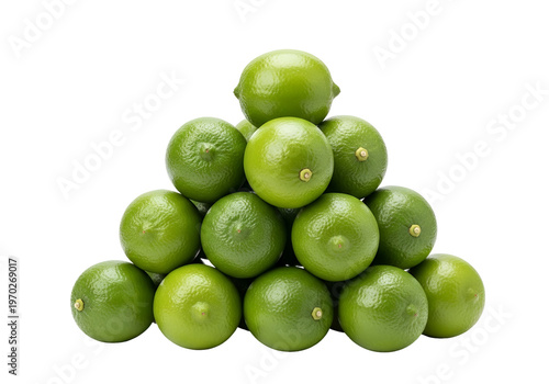 Fresh limes arranged in a triangular pyramid against a black background.