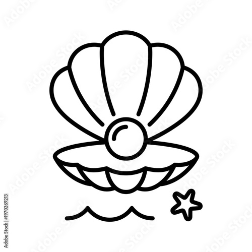 Open seashell with pearl and starfish outline