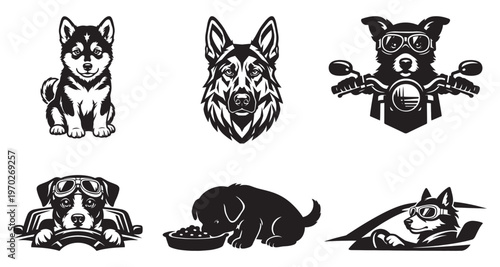 Vintage dog mascot vector set, black and white canine illustrations, 6 puppy and dog breed icons for logos, pet shop branding and motorcycle club emblems