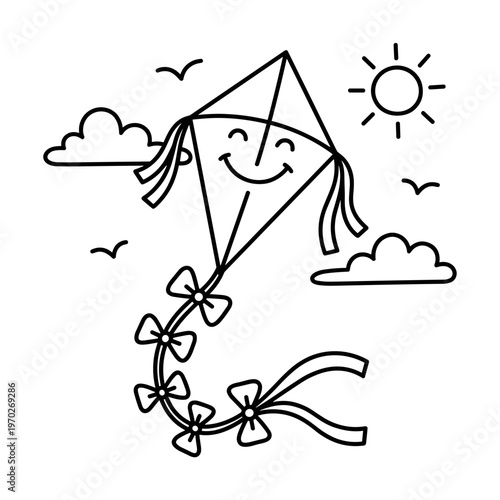 Happy kite flying on a sunny day with clouds and birds