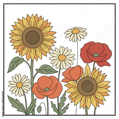 Arrangement of sunflowers and poppies with daisies
