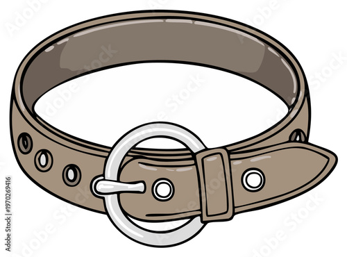 Cartoon illustration of a fashionable leather belt with a silver buckle, crafted with visible stitching and perforations for a stylish look.