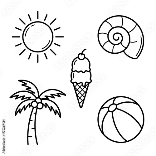 Collection of simple summer vacation icons in black outline