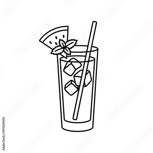 Tall glass with watermelon drink and ice cubes