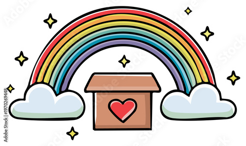 Bright rainbow arches over a charming cardboard box adorned with a red heart and surrounded by fluffy clouds and sparkling stars.