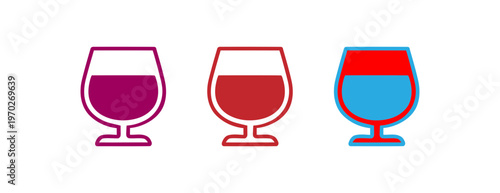 Set of three wine glasses with different colored drinks