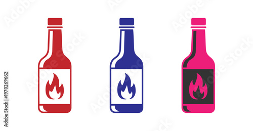 Set of colorful hot sauce bottles with flame icons