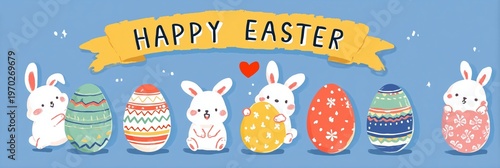 A cheerful Easter-themed illustration featuring six decorated Easter eggs with unique patterns such as stripes, polka dots, and zigzags. 