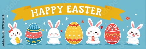 A cheerful Easter-themed illustration featuring six decorated Easter eggs with unique patterns such as stripes, polka dots, and zigzags. 
