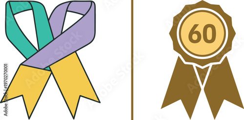 A colorful awareness ribbon in teal, purple, and yellow alongside a gold award medallion featuring the number 60. Versatile vector icons for charity events, anniversaries, and achievement recognition.