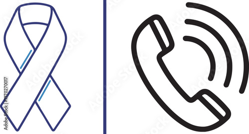 A professional vector layout featuring a blue outline awareness ribbon on the left and a ringing telephone handset icon on the right, divided by a vertical line.