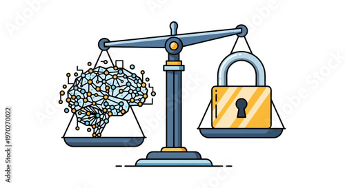 Conceptual representation of balancing artificial intelligence innovation and data security needs on a two pan scale symbolizing thoughtful consideration of both elements in technological