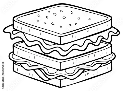 Illustration of a layered sandwich featuring ingredients and condiments