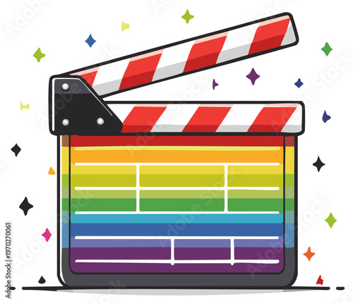 Rainbow clapperboard animation with LGBT colors and movie theme for video production and filmmaking icon