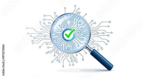 Examining advanced digital technology circuits and systems under magnification with a green checkmark signifying approval and accuracy in detailed evaluation and secure data processing on a