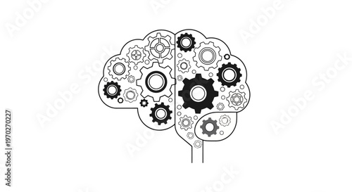 Representing the intricate workings of the human brain with a mechanical assembly of interconnected gears and components symbolizing thought processes intelligence and cognitive function in a